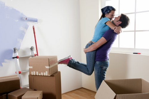 Office move logistics with labelled boxes and furniture placement