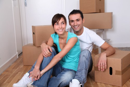 Packed office boxes and equipment ready for transport