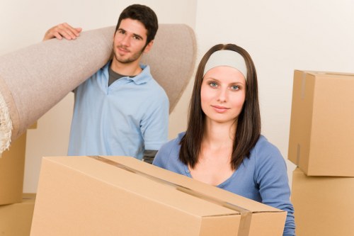 Packed office equipment ready for a commercial move in Beckenham