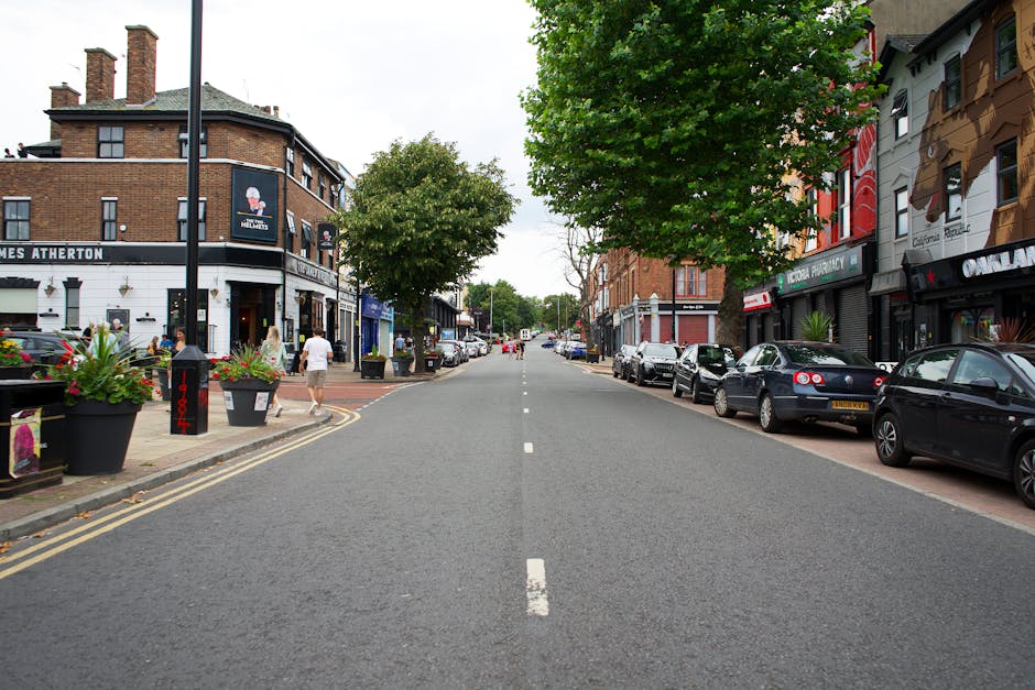 A street scene on Beckenham High Street showing a row of parked cars lining the right side of the road, including sedans in black and silver, with a white dashed line in the center of the asphalt paving. On the left, there is a busy sidewalk with a few pedestrians walking past shops and cafes, some of which have outdoor seating and large potted plants with colorful flowers near the curb. The buildings are a mix of brick and painted facades, housing businesses such as a pharmacy and retail outlets. A large tree with green foliage is centrally positioned along the sidewalk, providing shade. The sky is overcast, casting soft, diffuse light across the scene. This setting illustrates a typical urban environment suitable for home relocation activities, where vehicle parking and pedestrian movement are integral to the logistics of furniture transport and packing during the moving process, as managed by companies like Man with Van Beckenham.